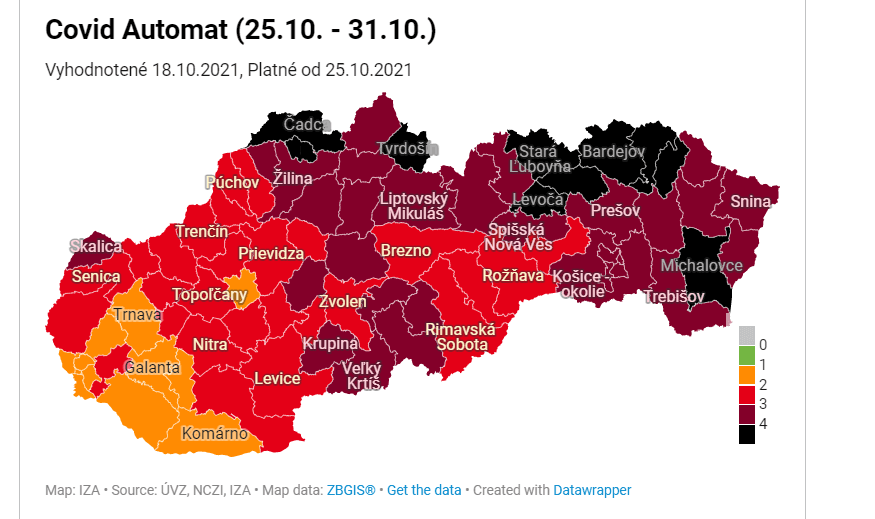 Od pondelka bude 10 čiernych okresov, väčšina je na východnom Slovensku