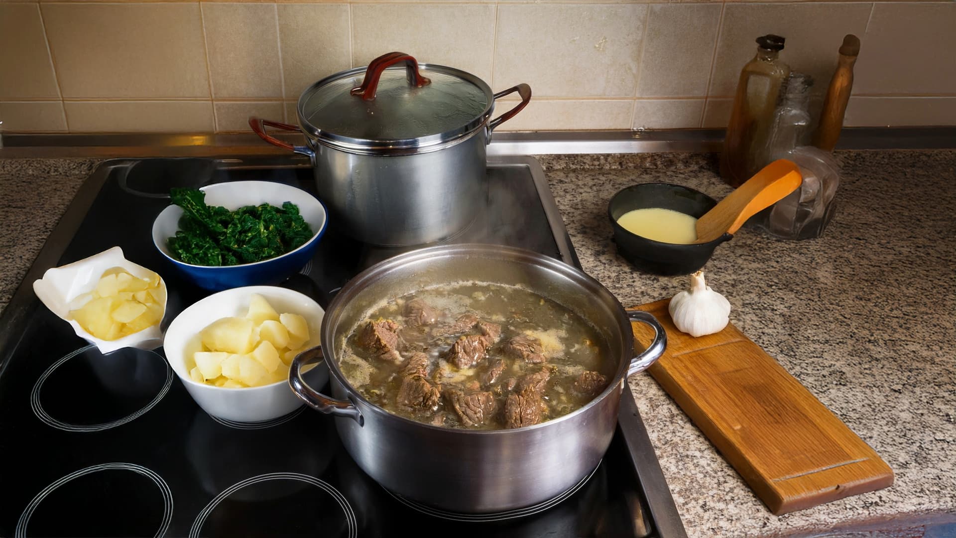 Tip na recept: Hovädzie na cesnaku s duseným špenátom a zemiakovou kašou