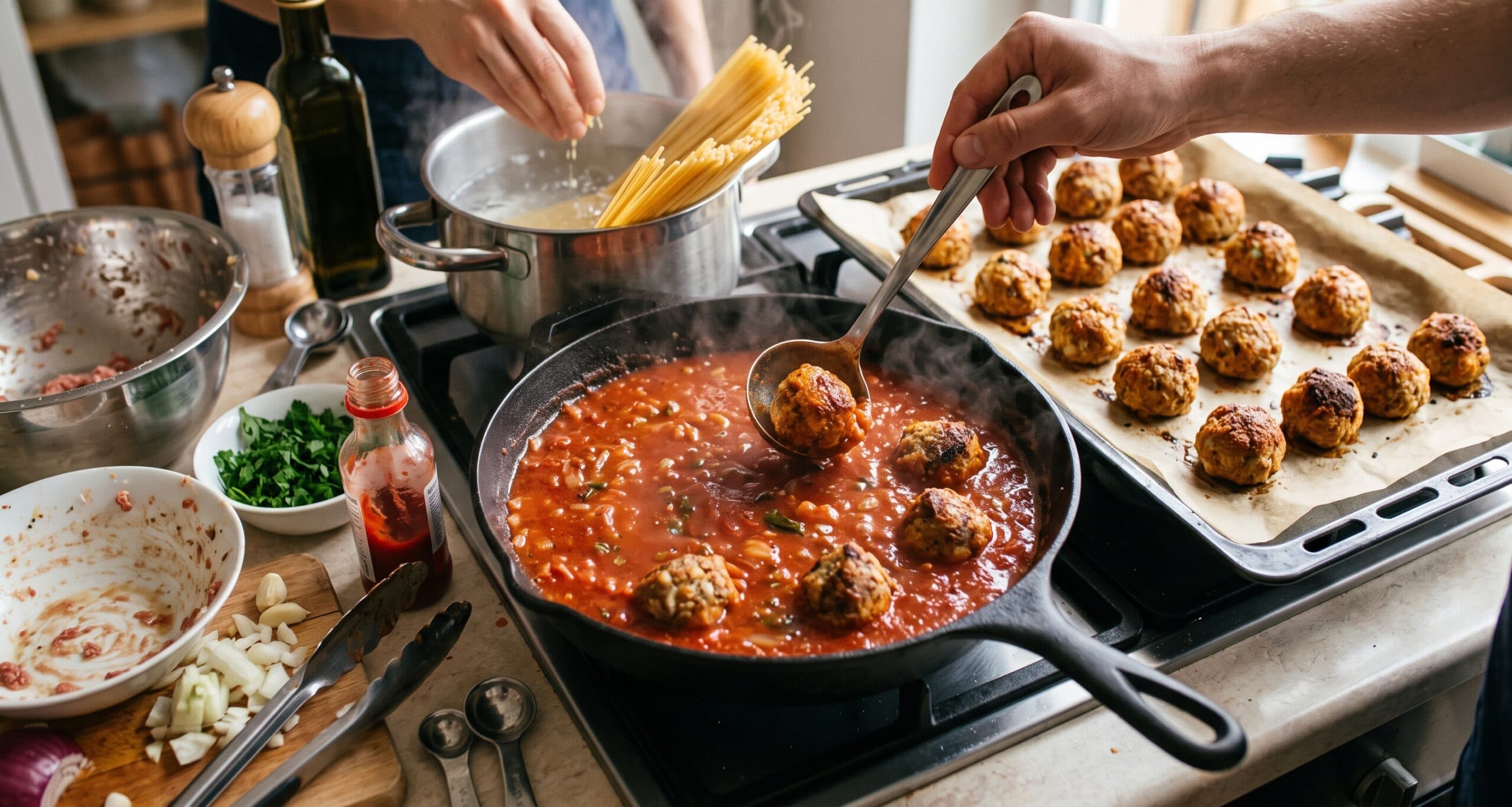 Fotografia k článku Tip na recept: Pečené mäsové guľky v paradajkovej omáčke s cestovinami