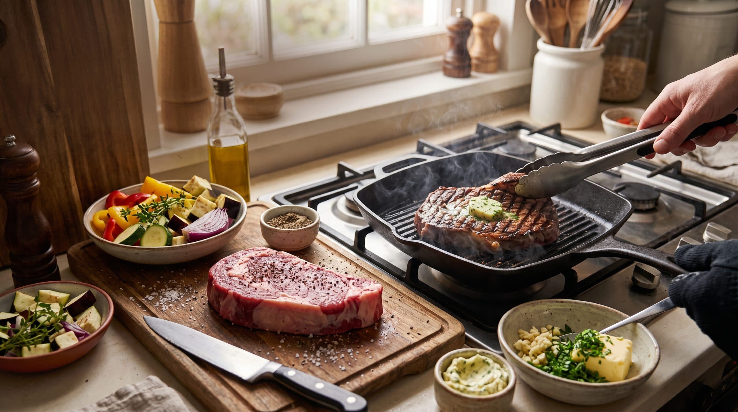 Fotografia k článku Tip na recept: Hovädzí steak s cesnakovým maslom a grilovanou zeleninou